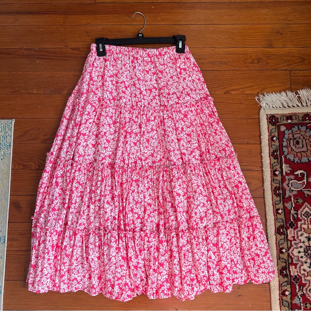 Pink Floral Tiered Midi Skirt